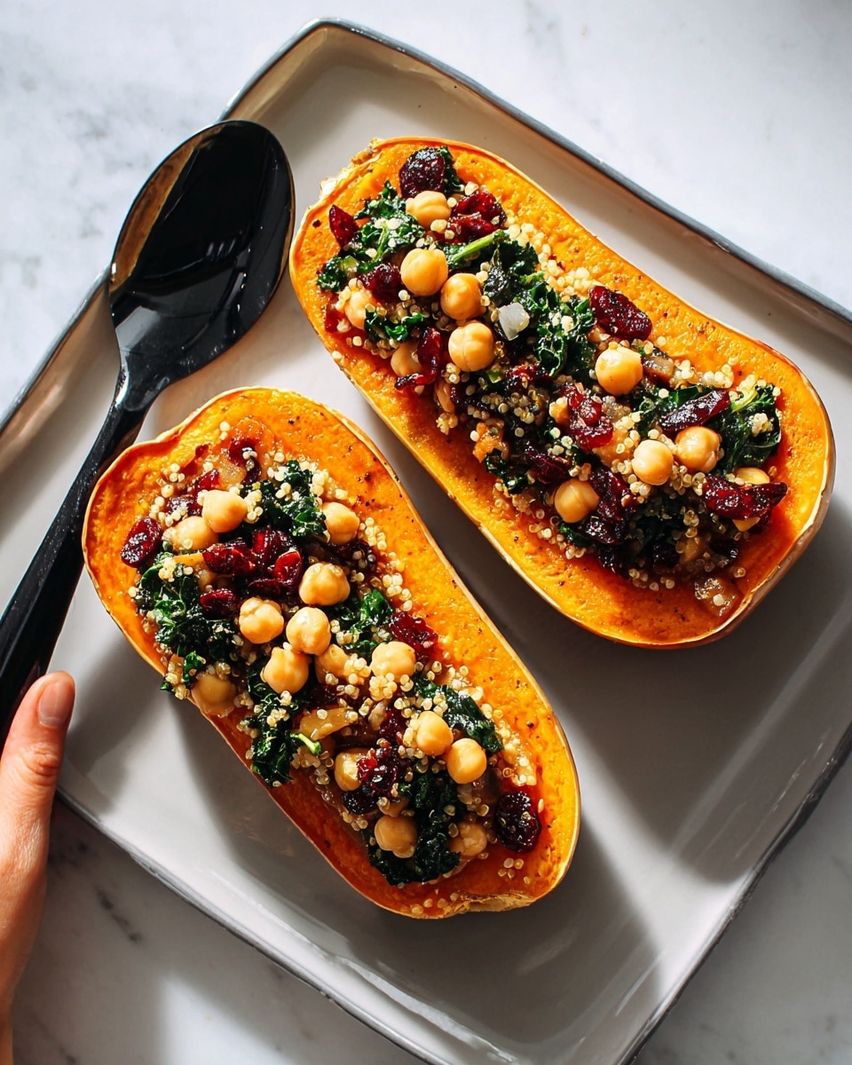 Two halves of roasted orange squash are placed on a white marbled textured surface. Each squash half has a layered filling starting with a bright orange, smooth roasted squash base. On top, there is a mix of creamy beige chickpeas, dark green wilted leafy kale, small light brown quinoa, and scattered dark red dried cranberries. The squash halves sit on a large white rectangular plate with a glossy surface. A black spoon with some quinoa and chickpeas is placed on the left side of the plate. A woman's hand is holding the spoon slightly above the plate. photo taken with an iphone --ar 4:5 --v 7