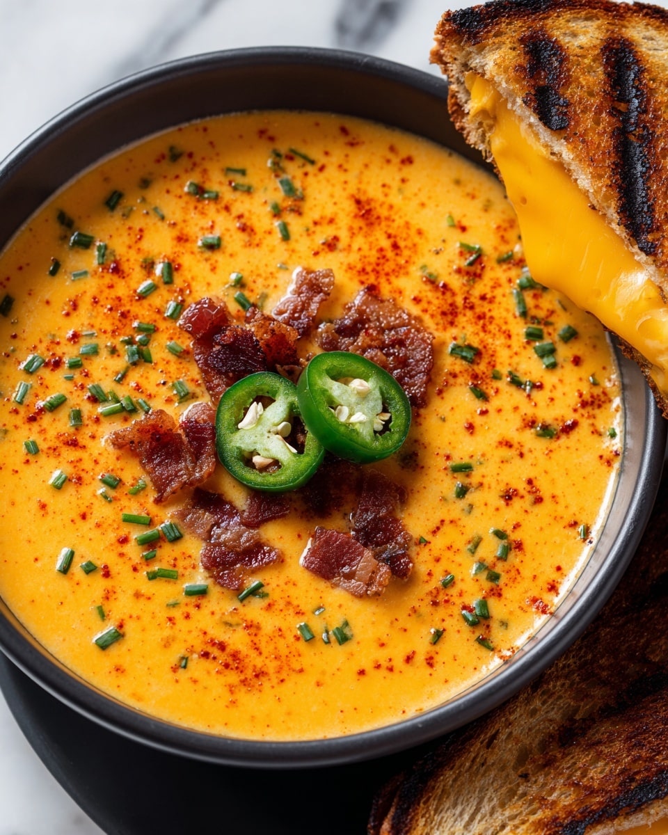 A black bowl holds a thick, creamy cheese soup with a smooth pale orange color. On top of the soup is a layer of dark red crispy bacon pieces, scattered bright green chopped chives, and two slices of fresh green jalapeño peppers placed near the center. Resting on the side of the bowl is a golden toasted sandwich with a crunchy texture, and melted yellow cheese oozes out from between the two browned slices of bread. The scene is set on a white marbled surface. photo taken with an iphone --ar 4:5 --v 7