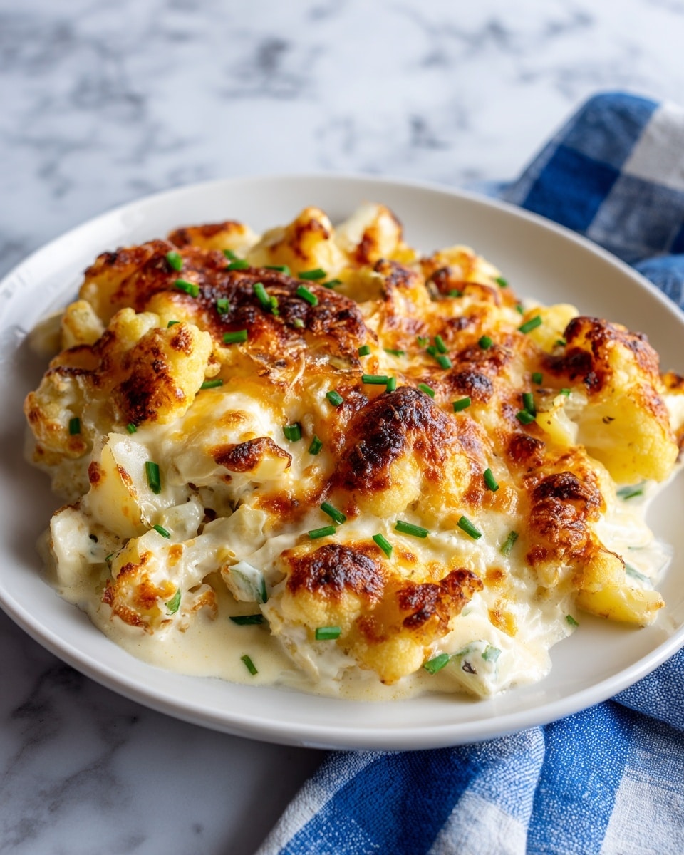 The dish shows a single thick layer of baked potatoes covered with melted, golden-yellow cheese that is bubbly and slightly browned on top, giving it a crispy texture. Small green chopped herbs are sprinkled evenly over the cheese, adding a touch of color. The potatoes underneath appear soft and creamy with some browned spots where cheese has melted and baked, all served on a simple white plate. The plate sits on a white marbled surface with a blue and white checkered cloth peeking from one side. Photo taken with an iphone --ar 4:5 --v 7