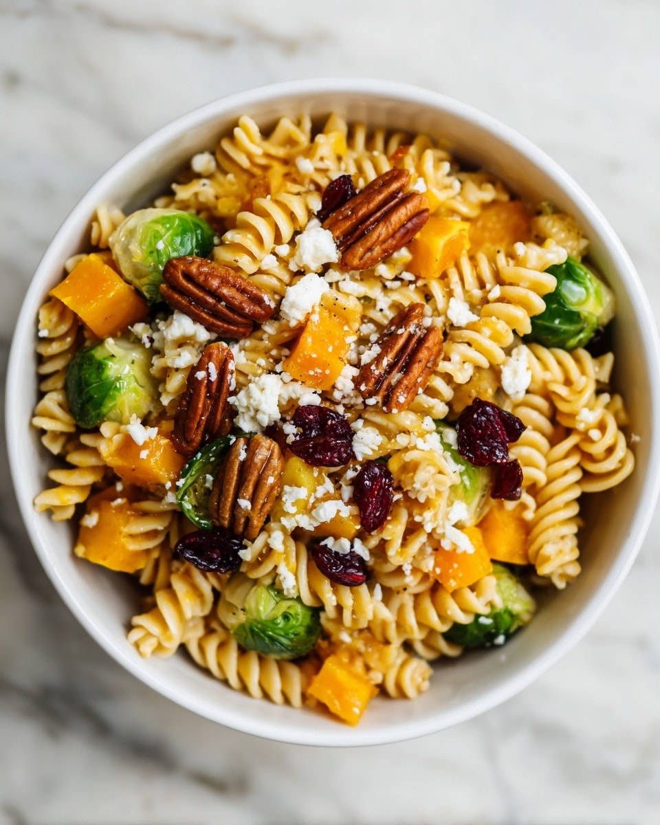 The image shows a close-up of a bowl with a pasta salad inside. The dish has four main layers: the bottom layer is light tan spiral rotini pasta, mixed evenly throughout; the second layer has bright green halved Brussels sprouts scattered across the pasta; the third layer includes bright orange cubes of roasted butternut squash placed evenly around the bowl; the top layer is made of dark brown pecan halves and small broken pieces, with deep red dried cranberries spread out on top. Small white crumbly cheese bits are sprinkled all over the dish. The bowl is white and sits on a white marbled surface. Photo taken with an iphone --ar 4:5 --v 7
