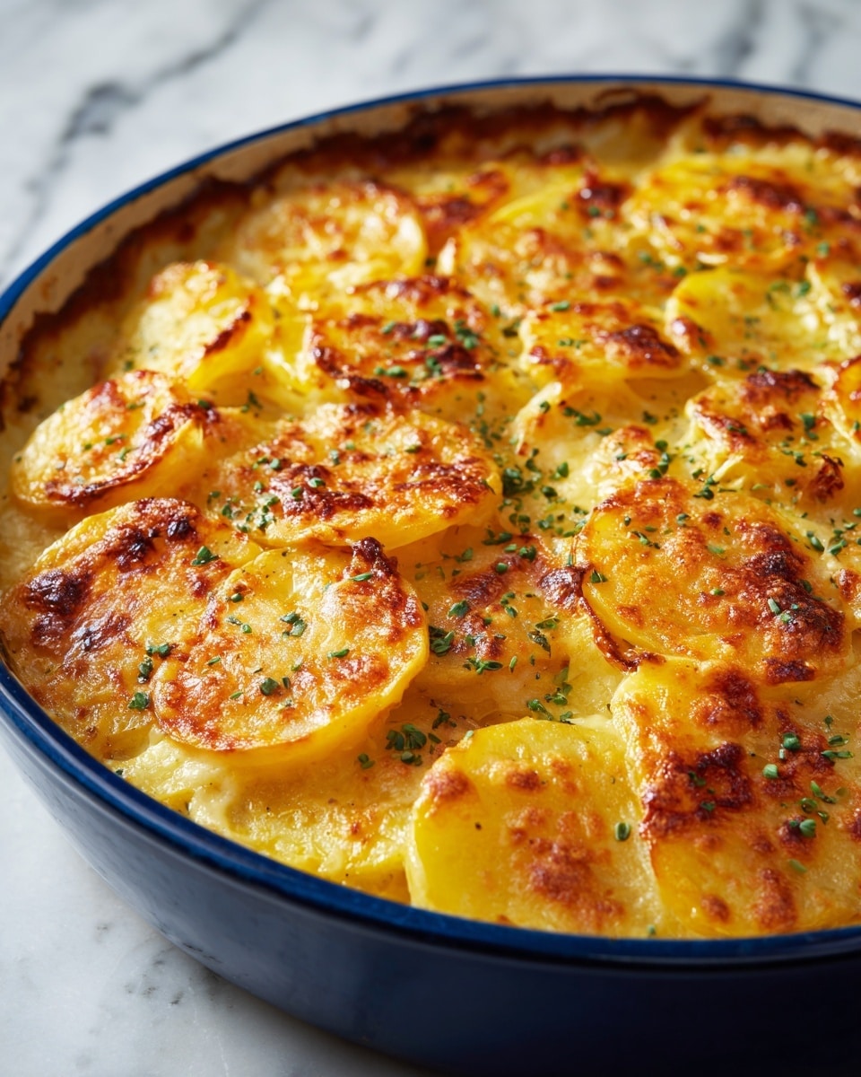 This image shows a close-up of a baked dish in a dark blue baking pan filled with several layers. The bottom layer consists of thinly sliced potatoes that are golden and soft, topped with a creamy cheese sauce that has melted and browned in some spots. The top layer features thick, translucent onion rings spread evenly, with melted yellow cheese scattered on top that is slightly browned. Small bits of green herbs are sprinkled lightly across the dish, adding color contrast. The baking pan sits on a white marbled surface. photo taken with an iphone --ar 4:5 --v 7