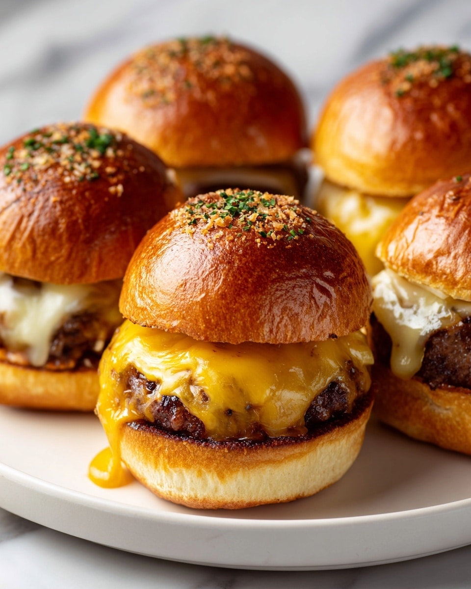 The image shows four small burgers arranged close to each other on a metal tray. Each burger has a soft, shiny golden-brown top bun sprinkled with white crumbs and small green herb pieces. Under the top bun, there is a thick layer of melted pale yellow cheese that slightly drips down the sides. Below the cheese, there is a juicy, dark brown meat patty with a textured surface. The bottom buns are light golden and smooth, supporting the burger layers above. The background has a white marbled surface and the scene is lit warmly, making the food look fresh and tasty. photo taken with an iphone --ar 4:5 --v 7