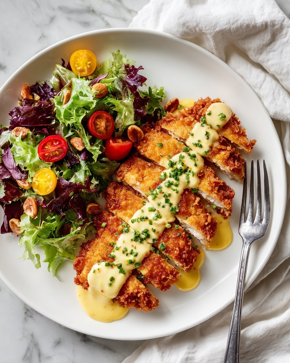 A white plate holds a crispy golden-brown fried chicken cut into four thick slices, drizzled with a light creamy sauce and sprinkled with chopped green herbs. To the left side of the plate, there is a fresh salad with mixed green and purple lettuce leaves, halved red and yellow cherry tomatoes, and small pieces of walnuts. The plate rests on a white marbled surface, with a silver fork placed near the top right. A soft white cloth is partially visible above the plate. Photo taken with an iphone --ar 4:5 --v 7