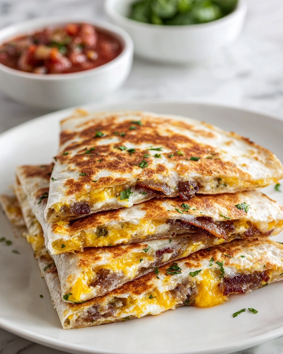 The image shows three triangular pieces of quesadilla stacked on a white plate on a white marbled surface. Each quesadilla layer is golden brown with slight crispiness on the outside and is filled with melted yellow cheese and bits of browned bacon peeking out from inside. The edges are slightly toasted with some specks of green herbs on top. In the background, there is a white bowl filled with chunky red salsa and some blurred green leaves adding color contrast. The overall look is warm, inviting, and fresh. photo taken with an iphone --ar 4:5 --v 7