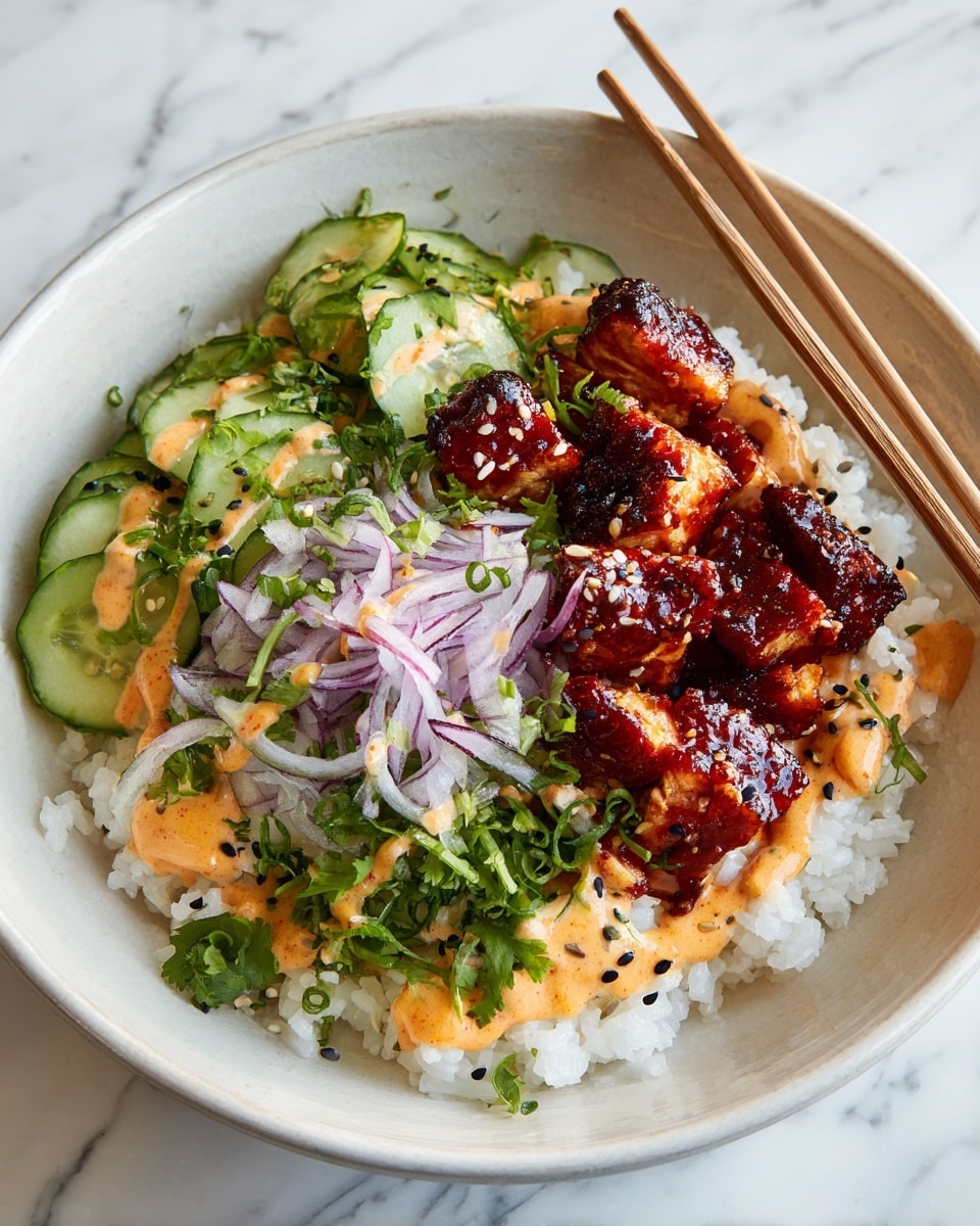 The dish shows a white bowl filled with three main layers. The bottom layer is white cooked rice with scattered pieces of green onion slices and black sesame seeds. On top of the rice is the second layer, a heap of small, square, glazed reddish-brown tofu cubes that look shiny and sticky with a rich sauce. The top layer is a mix of cubed green cucumber, thin red onion slices, and fresh green cilantro leaves with a creamy light-colored dressing drizzled over it. To the side of the bowl are light wooden chopsticks resting on the edge. The whole bowl is placed on a white marbled surface. Photo taken with an iphone --ar 4:5 --v 7