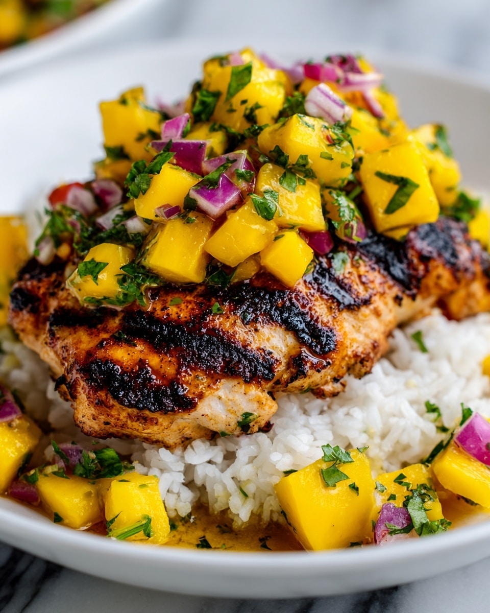 A close-up of a white plate with a thick grilled chicken piece on a bed of cooked white rice. The chicken has a dark, charred grill texture with a golden-brown color. On top of the chicken, there is a colorful mango salsa made of small bright yellow mango cubes, green herbs, bits of red onion, and small pieces of green jalapeño. Around the chicken, there are decorative orange pepper slices adding a vibrant touch. The plate sits on a white marbled surface. Photo taken with an iphone --ar 4:5 --v 7