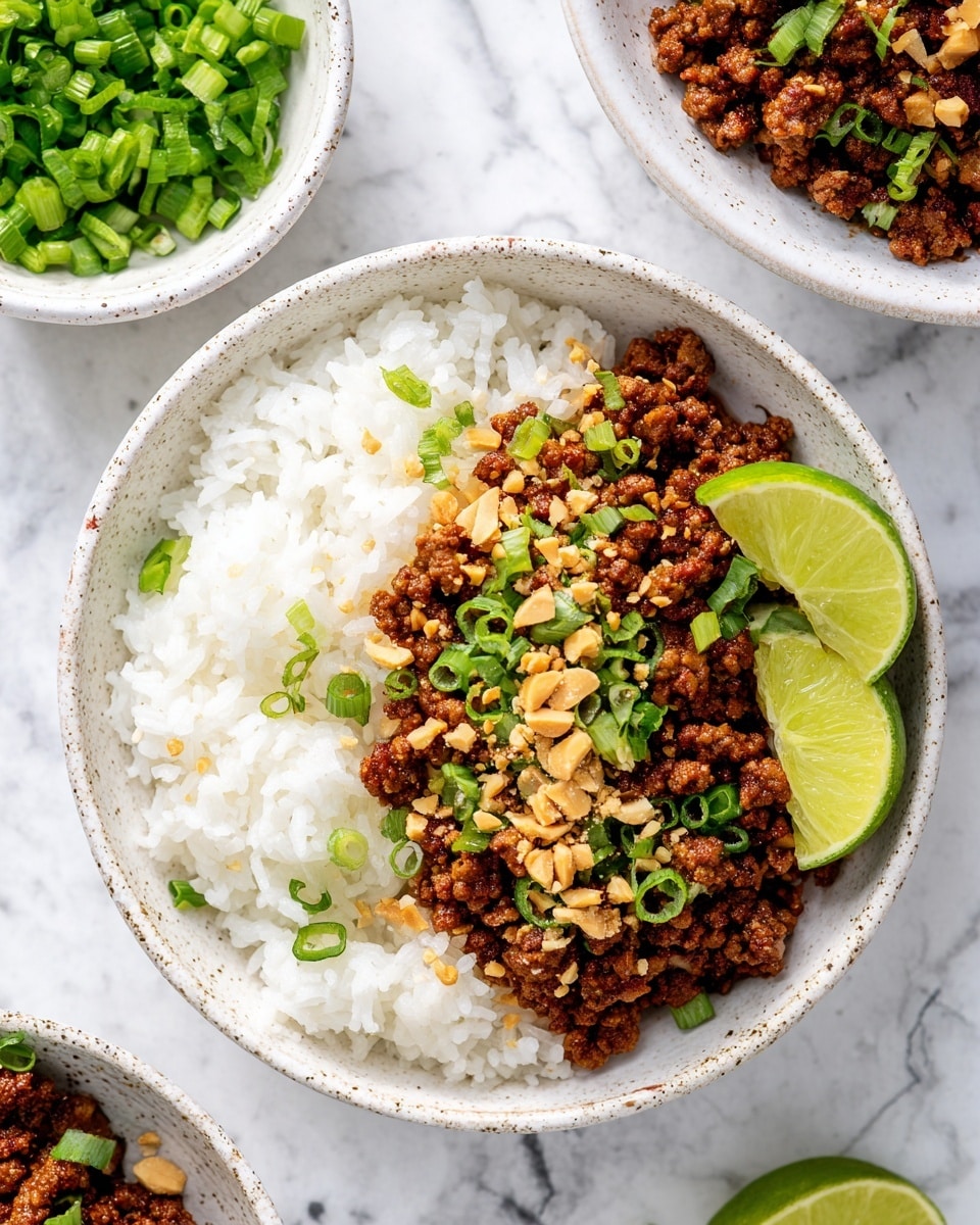 A white bowl holds two layers: the bottom layer is soft white rice with a fluffy texture, topped by a dark brown, crumbly cooked meat mixed with small pieces of chopped peanuts. On top of the meat, bright green sliced spring onions are scattered for color. To the side of the bowl, two lime wedges with a fresh green color lean against the rice. In the background, there is another white bowl with the same dish and a small white bowl containing more sliced green onions. The whole setup rests on a white marbled surface. Photo taken with an iphone --ar 4:5 --v 7