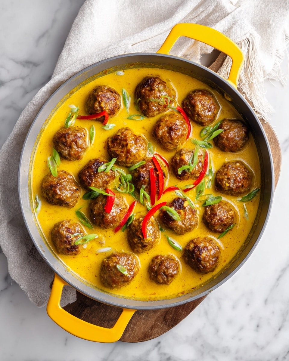 A large pan filled with about eighteen small round meatballs with a browned, slightly crispy surface, sitting in bright yellow creamy curry sauce that looks rich and smooth. Thin strips of red bell pepper and small green onion rings are scattered throughout the sauce, adding pops of red and green color. The pan is white with yellow handles, placed on a white marbled surface with a white fringed cloth partly visible underneath. Photo taken with an iphone --ar 4:5 --v 7