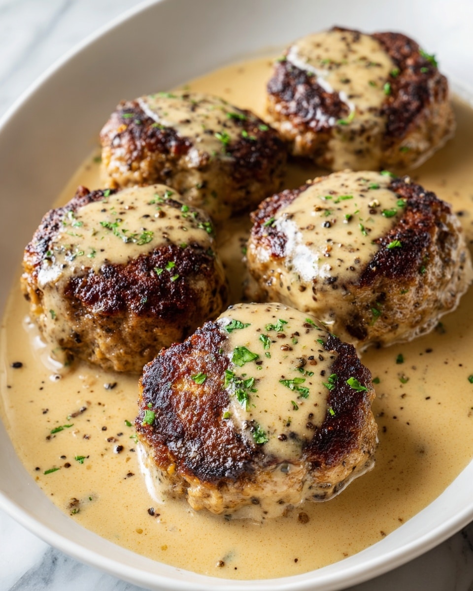 The image shows five thick round patties with a brown, crispy outside layer, each covered with a creamy light beige sauce. The sauce has a smooth, slightly glossy texture and spreads around the patties, pooling at the base. On top of each patty, there is a sprinkle of chopped green herbs and a light dusting of black pepper, adding contrast to the creamy sauce. The patties are placed closely together on a shiny white tray, resting on a white marbled surface. Photo taken with an iphone --ar 4:5 --v 7