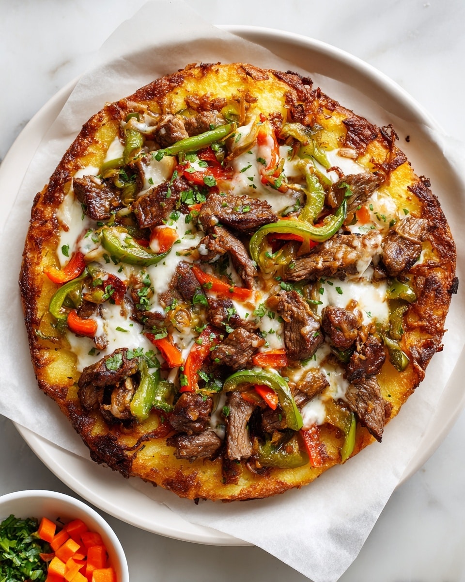 A white plate lined with parchment paper holds a layered dish starting with a base of thick, golden-brown fries arranged unevenly. On top of the fries, there are strips of light brown cooked beef and thin green pepper slices scattered across. Melted white cheese is drizzled over the peppers and beef, partially covering them. Small diced orange and white vegetables, likely carrots and onions, are sprinkled throughout the top layer along with fresh green herbs. The plate sits on a white marbled surface with a small white bowl of diced orange and green vegetables placed next to it. Photo taken with an iphone --ar 4:5 --v 7