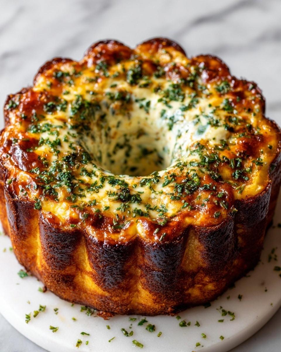 A shiny golden brown ring-shaped baked dish with a glossy top layer that is unevenly caramelized, showing darker and lighter patches. The top surface has a slightly rough texture with small green herb sprinkles scattered all over. The inside layer visible through the hole is white and creamy, with a soft, fluffy texture. The dish sits directly on a white marbled surface. photo taken with an iphone --ar 4:5 --v 7
