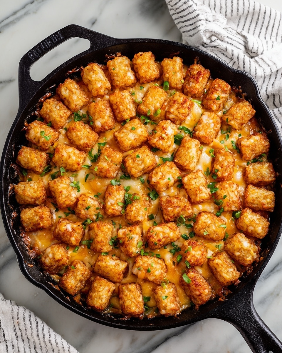 A black pan filled with a single thick layer of round, golden-brown tater tots arranged close together, covering a melted cheese base that peeks through in small spots beneath the tater tots. The cheese is light orange and creamy in texture with some browned edges visible. The top of the tater tots is sprinkled with finely chopped green herbs, adding small green dots across the whole surface. The pan is placed on a white marbled surface with a striped cloth partially visible in the background. photo taken with an iphone --ar 4:5 --v 7