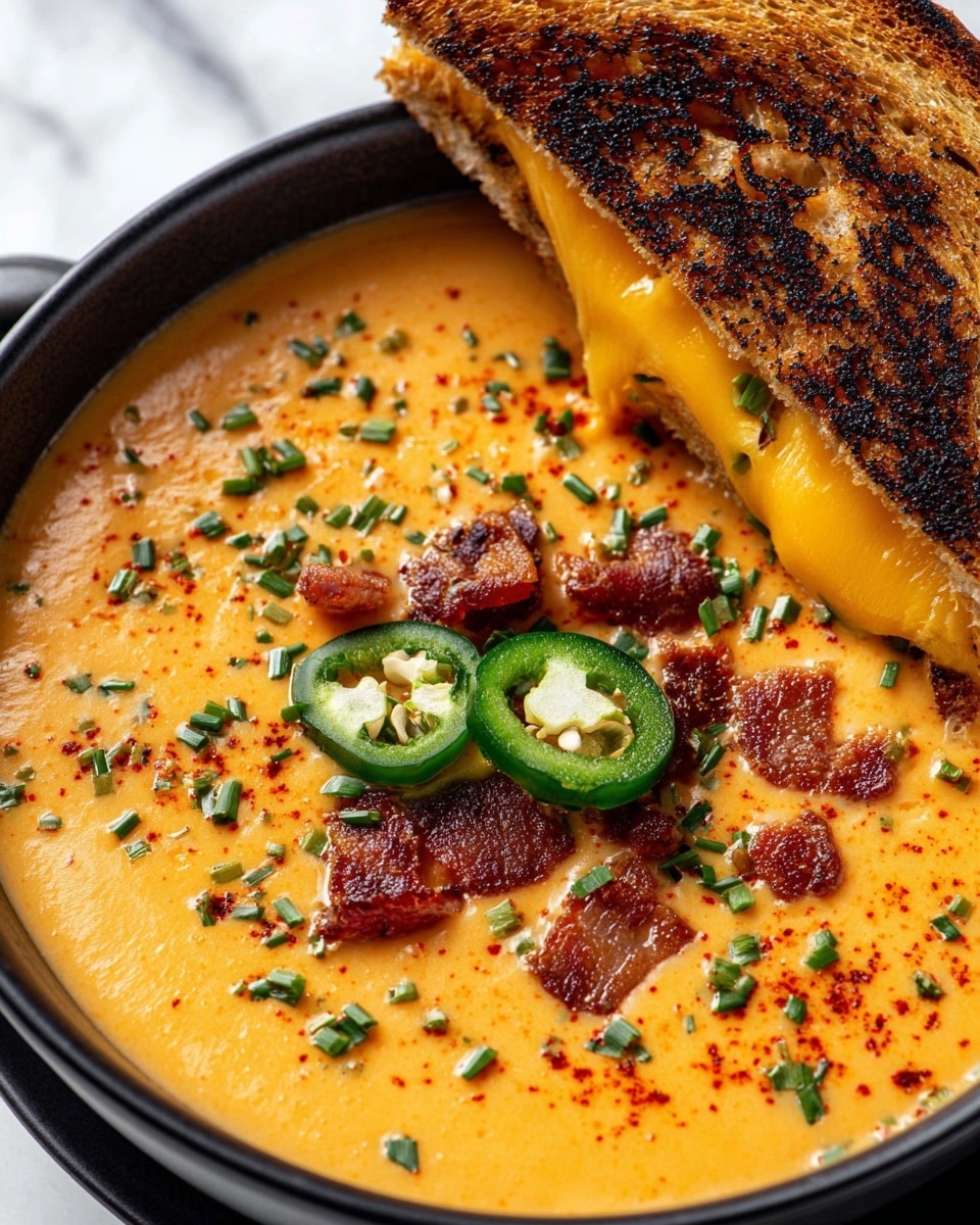 A black bowl filled with a creamy, light orange soup sprinkled with small green chives and red spices on top. In the center, there are chunks of crispy dark red bacon and two slices of green jalapeño pepper. Resting on the edge of the bowl is a thick grilled sandwich with golden-brown toasted bread, showing melted yellow cheese dripping down into the soup. The whole scene is set on a white marbled surface. photo taken with an iphone --ar 4:5 --v 7
