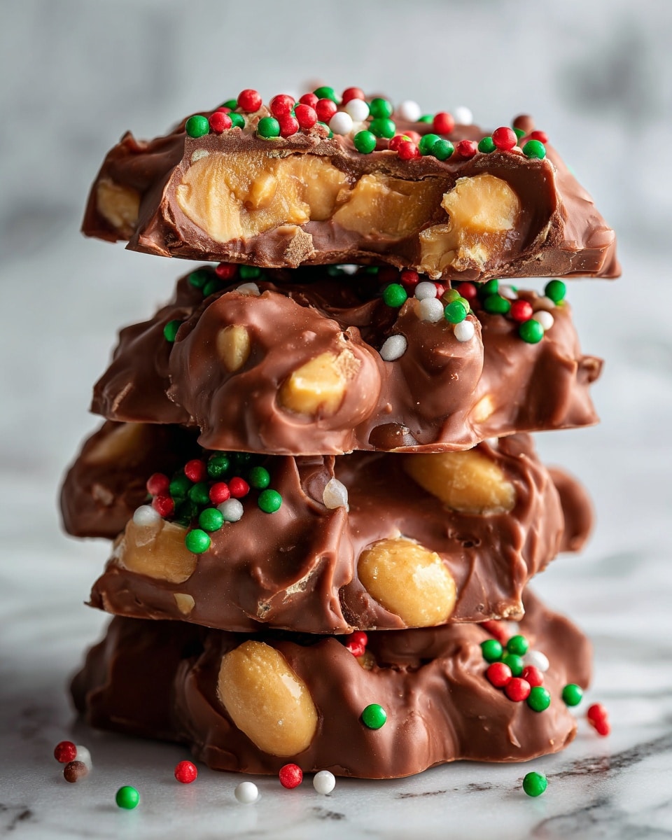 A close-up view of a stack of four thick, chunky milk chocolate clusters with peanuts inside. The top cluster has a bite taken out of it, showing the smooth, creamy chocolate interior with whole light brown peanuts embedded throughout. The surface is slightly glossy with swirls of chocolate texture and is sprinkled with small round sprinkles in red, green, and white colors scattered unevenly on top. The clusters look rich and dense, softly reflecting light from above, all set against a white marbled texture. Photo taken with an iphone --ar 4:5 --v 7