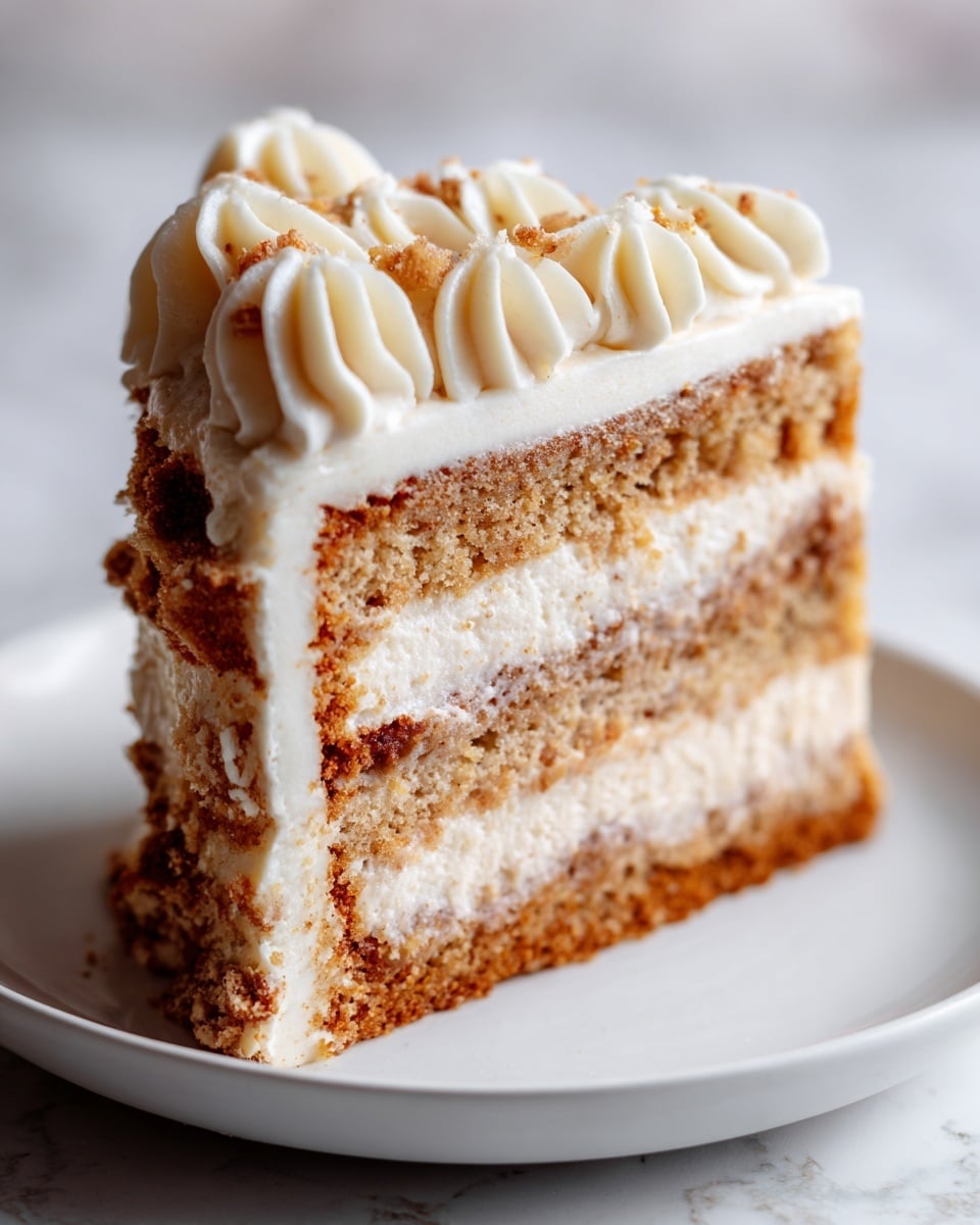A slice of layered cake sits on a white plate with a white marbled background. The cake has three layers: the bottom and top layers are a brown, crumbly cake with visible bits of nuts or fruit, and the middle layer is a creamy filling with a light beige color and soft texture. The top of the cake is covered with thick, smooth off-white frosting which is piped in soft curls along the edge. The sunlight highlights the textures and colors, making the cake look moist and rich. Photo taken with an iphone --ar 4:5 --v 7