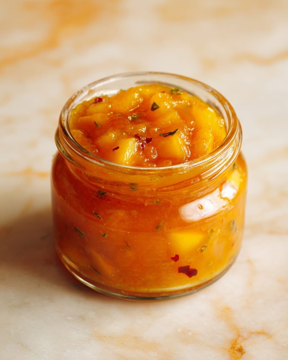 A small clear glass jar filled with a chunky orange sauce dotted with pieces of yellow fruit, green herbs, and red chili flakes. The sauce looks thick and shiny with visible bits of spices and herbs evenly mixed through the orange base. The jar is shown close up, filling most of the frame, with a white marbled surface blurred softly in the background. Photo taken with an iphone --ar 4:5 --v 7
