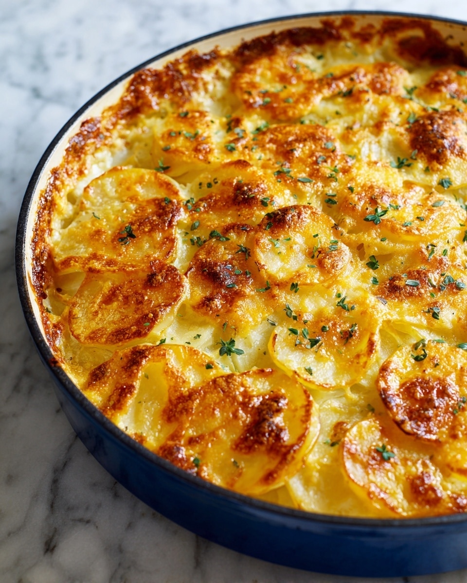 The image shows a close-up of a baked dish in a dark blue rectangular baking pan. The dish has several layers of thinly sliced potatoes at the base with a golden yellow cheese layer melted on top. On top of the cheese, there are thick rings of cooked onions that are lightly browned. Small green herbs are sprinkled over the top, adding a touch of color. The texture appears creamy with browned spots from baking. The edges of the pan show some melted cheese stuck around. The background is a white marbled surface. photo taken with an iphone --ar 4:5 --v 7