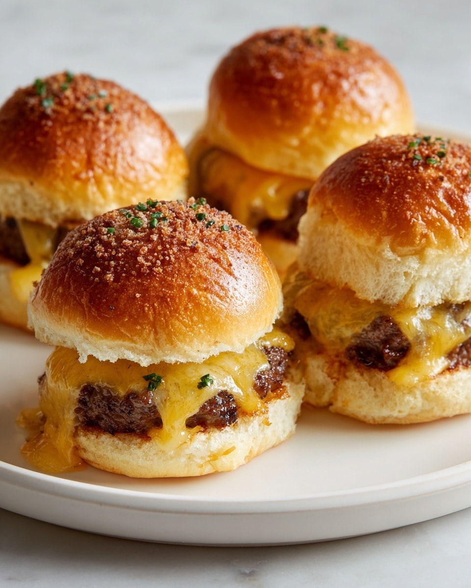 Four small sliders are shown on a white plate, each with three layers. The bottom layer is a soft, golden-brown bun with a shiny texture. The middle layer is a juicy, dark brown meat patty. The top layer is melted yellow cheese that is dripping down the sides of the patties and buns. The buns have a light sprinkling of white crumbs and small green herbs on top, adding contrast. The image is close-up, showing the shiny and moist textures, with a white marbled surface beneath the plate. photo taken with an iphone --ar 4:5 --v 7