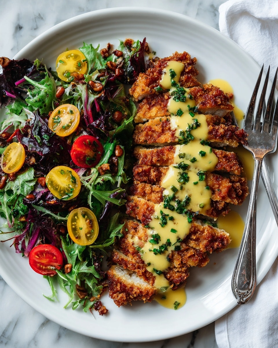 A white plate sits on a white marbled surface, holding a crispy, golden-brown fried chicken filet sliced into four thick pieces arranged side by side on the right half of the plate. The chicken is topped with a light creamy sauce and sprinkled with chopped fresh parsley. On the left half of the plate, there is a layered salad with fresh green and purple lettuce leaves beneath halved yellow and red cherry tomatoes, scattered with small walnut pieces. A silver fork rests near the top right of the plate on the white marbled surface. Photo taken with an iphone --ar 4:5 --v 7