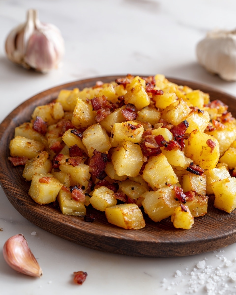 A dark brown plate holds a single layer of small, golden yellow potato cubes mixed with crispy, reddish-brown bacon pieces scattered evenly throughout. The potatoes have a shiny, slightly soft texture and the bacon looks crisp with rough edges, creating a rough, crunchy contrast. The plate is placed on a wooden surface with garlic cloves and salt grains nearby. The whole scene is set against a white marbled background. photo taken with an iphone --ar 4:5 --v 7