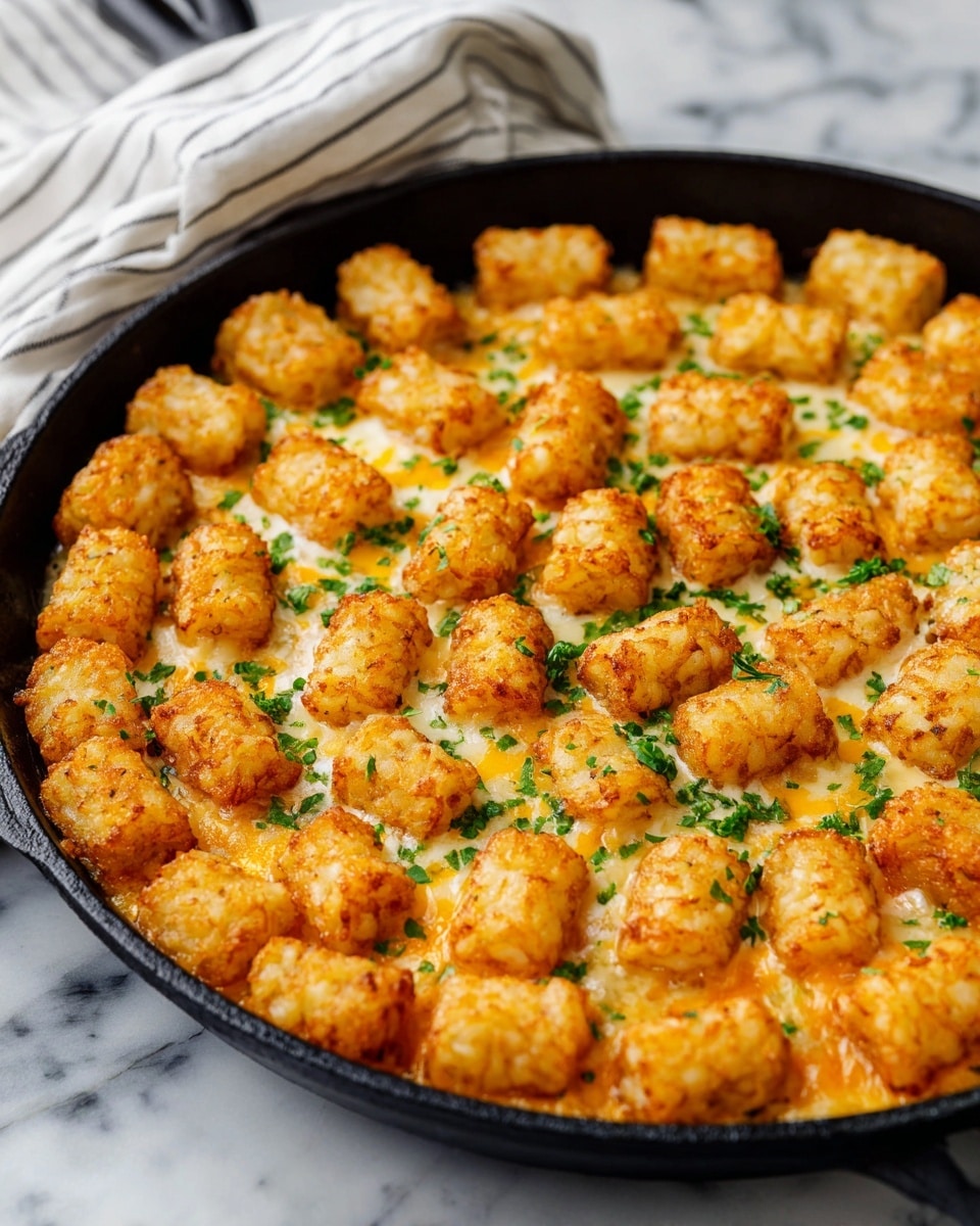 The dish shows a black cast iron pan filled with a single layer of golden brown tater tots arranged neatly side by side, covering the whole surface. Beneath the tater tots, melted cheese oozes out in spots, with a creamy texture and slight orange and white colors visible between the crispy tater tots. Small green herb pieces are scattered on top, adding tiny pops of color. The pan rests on a wooden board, which is placed on a white marbled surface. photo taken with an iphone --ar 4:5 --v 7